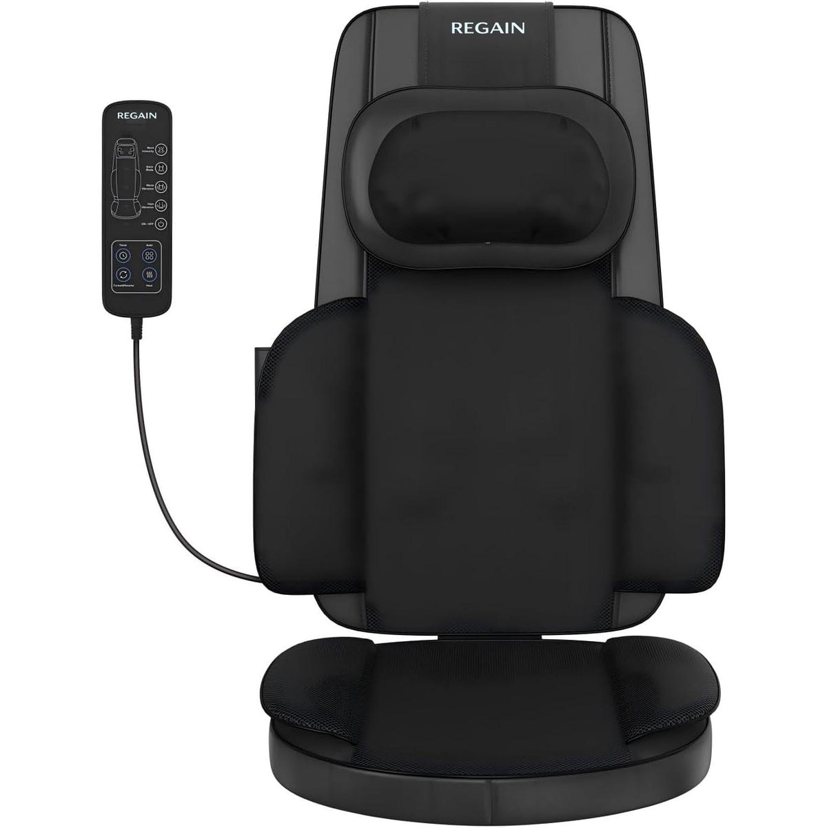 Regain massage seat cushion on a plain background with remote control, front view