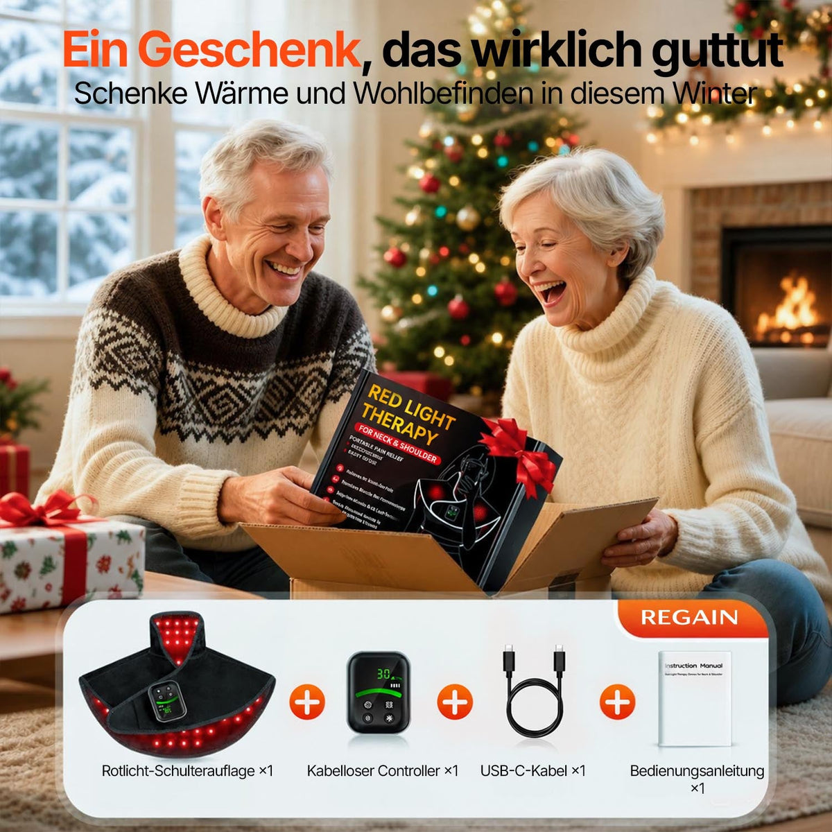 Regain red light neck and shoulder wrap as a gift, with full contents shown
