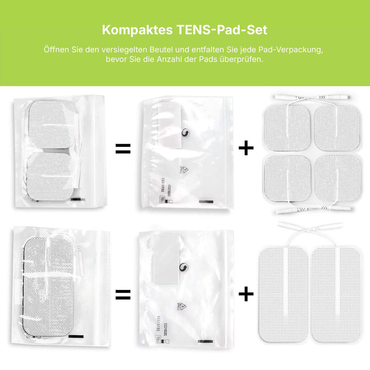 Packaging instructions for the TENS pad set of the Regain TENS device